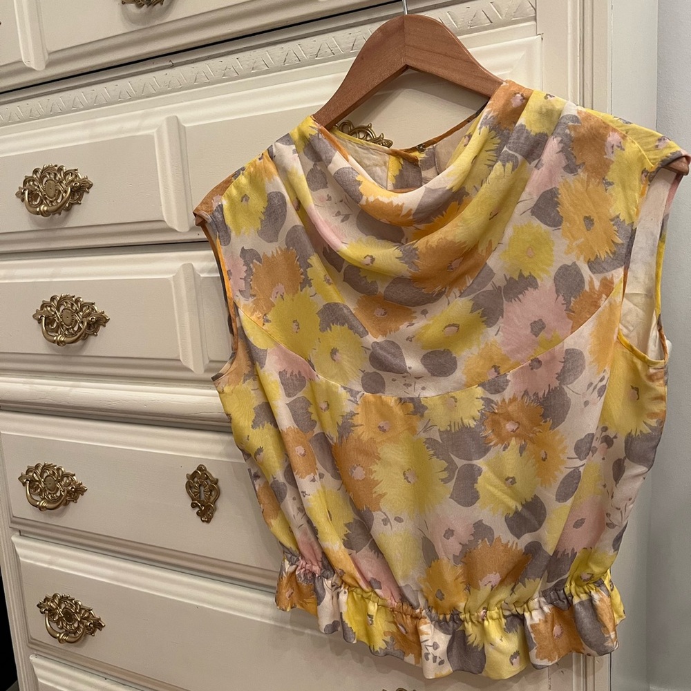 Vintage Yellow, Pink, and Grey Floral Cowl Neck Tank Top